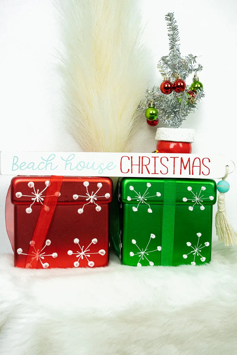 1.5 x 14.5 'Beach House Christmas' Glittery Wood and Tassel Block Sign