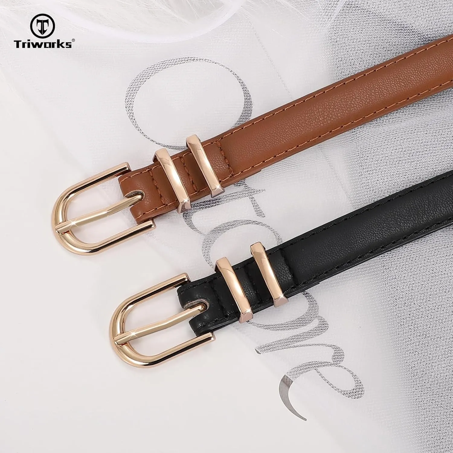 2 Pack Women Skinny Belts for Jeans Pants Thin Faux Leather Belt