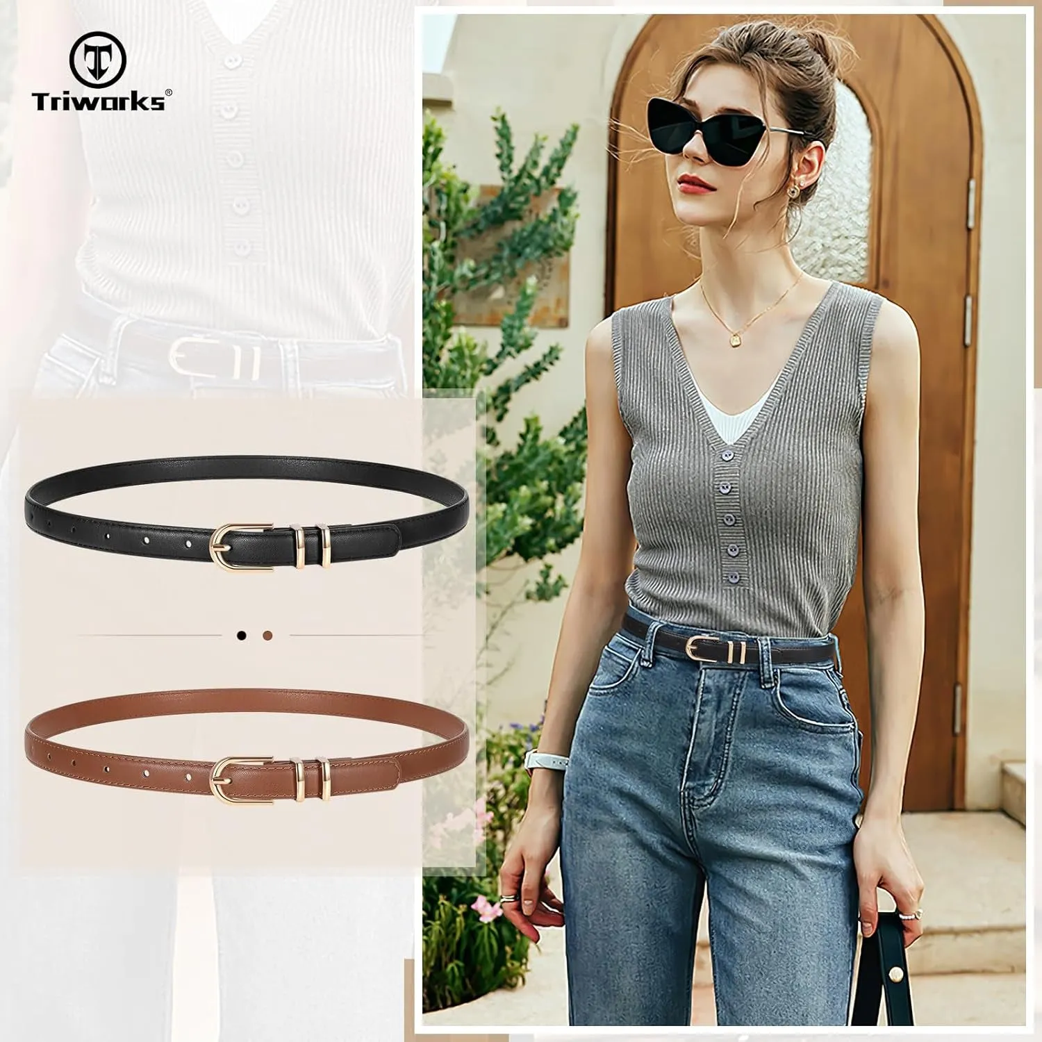 2 Pack Women Skinny Belts for Jeans Pants Thin Faux Leather Belt