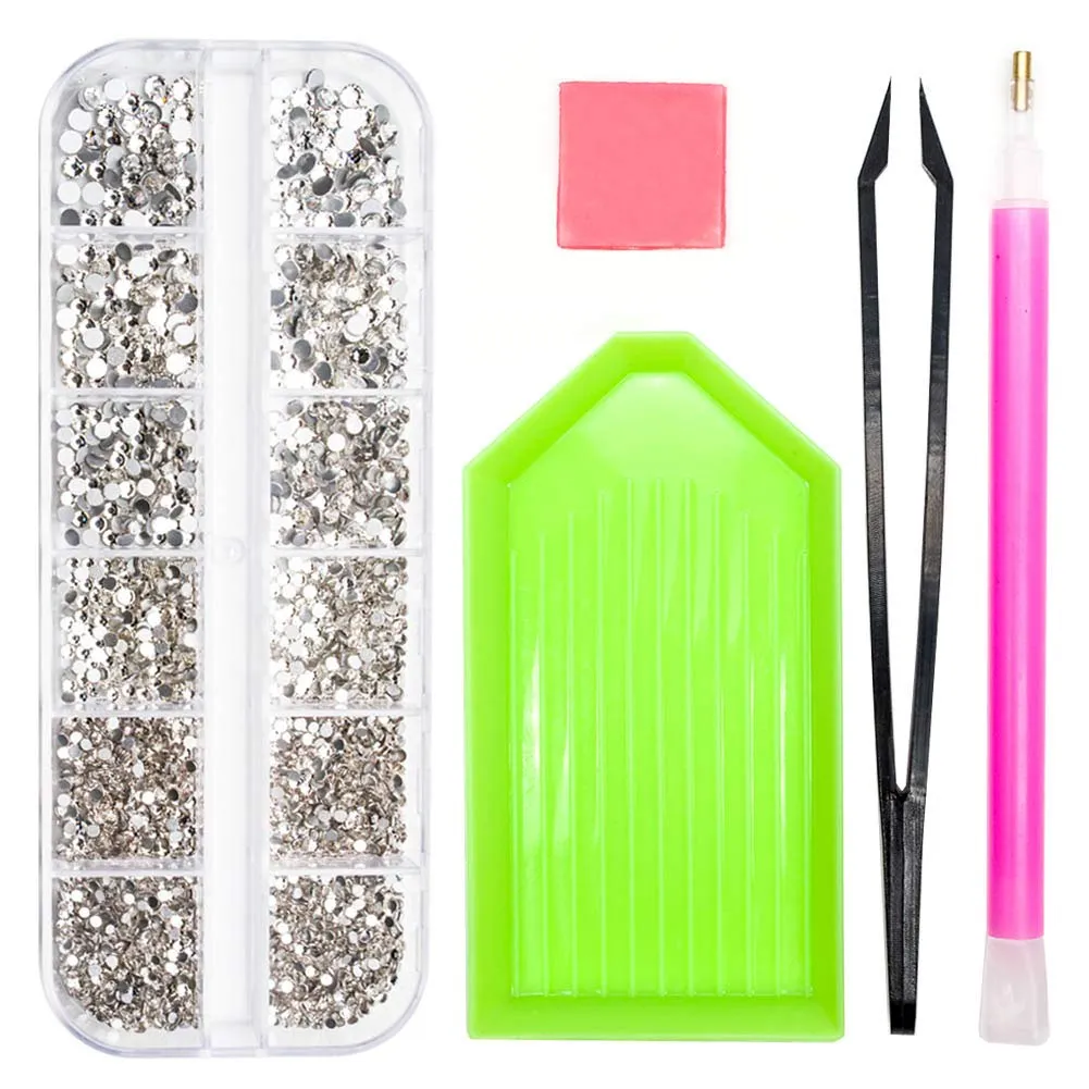 2320 Pieces Crystals Glass AB Nail Art Rhinestones, SS4/5/6/8/10/12 Mixed Nail Gems Stones, Flat Back Round Nail Diamonds with Storage Organizer Box/Picker Pencil/Tweezers for Face Clothes Shoes Decor