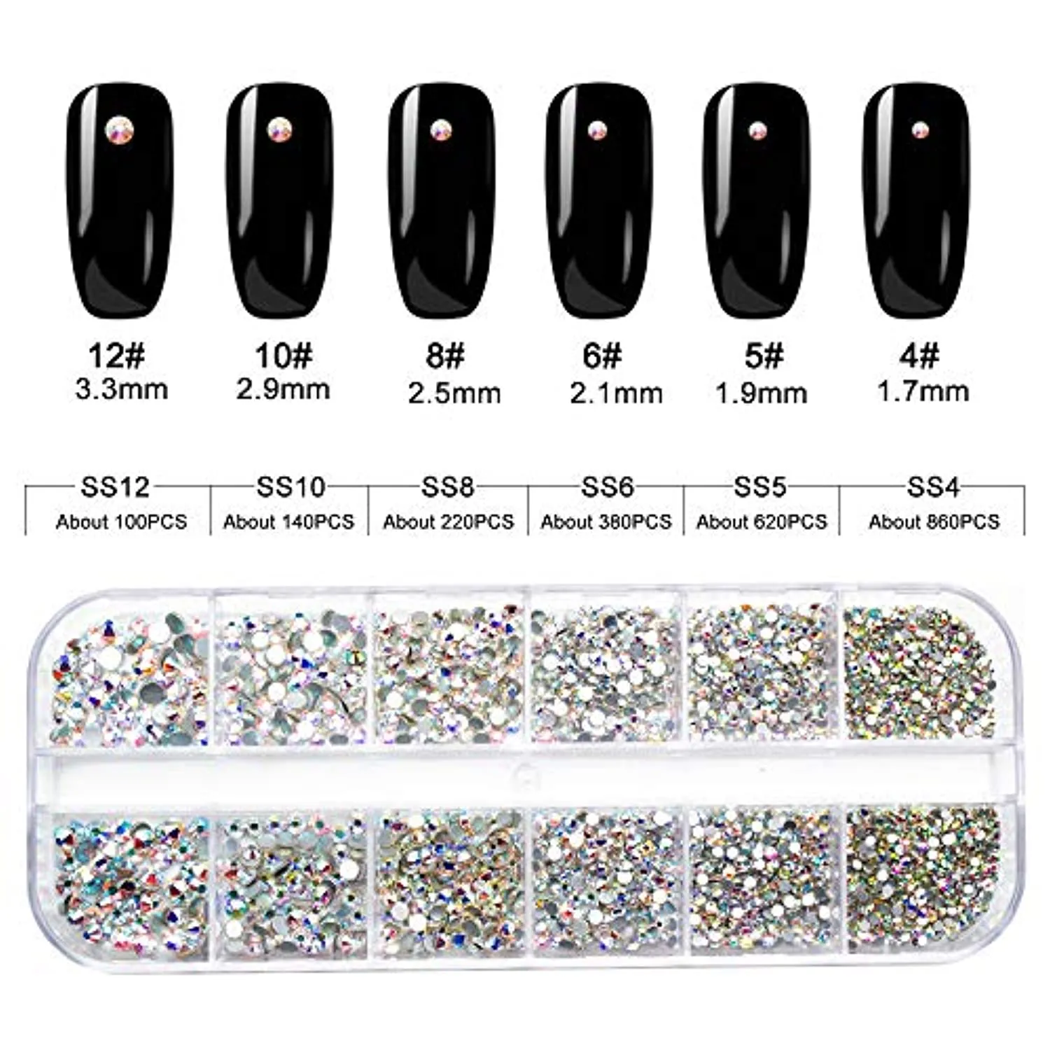 2320 Pieces Crystals Glass AB Nail Art Rhinestones, SS4/5/6/8/10/12 Mixed Nail Gems Stones, Flat Back Round Nail Diamonds with Storage Organizer Box/Picker Pencil/Tweezers for Face Clothes Shoes Decor