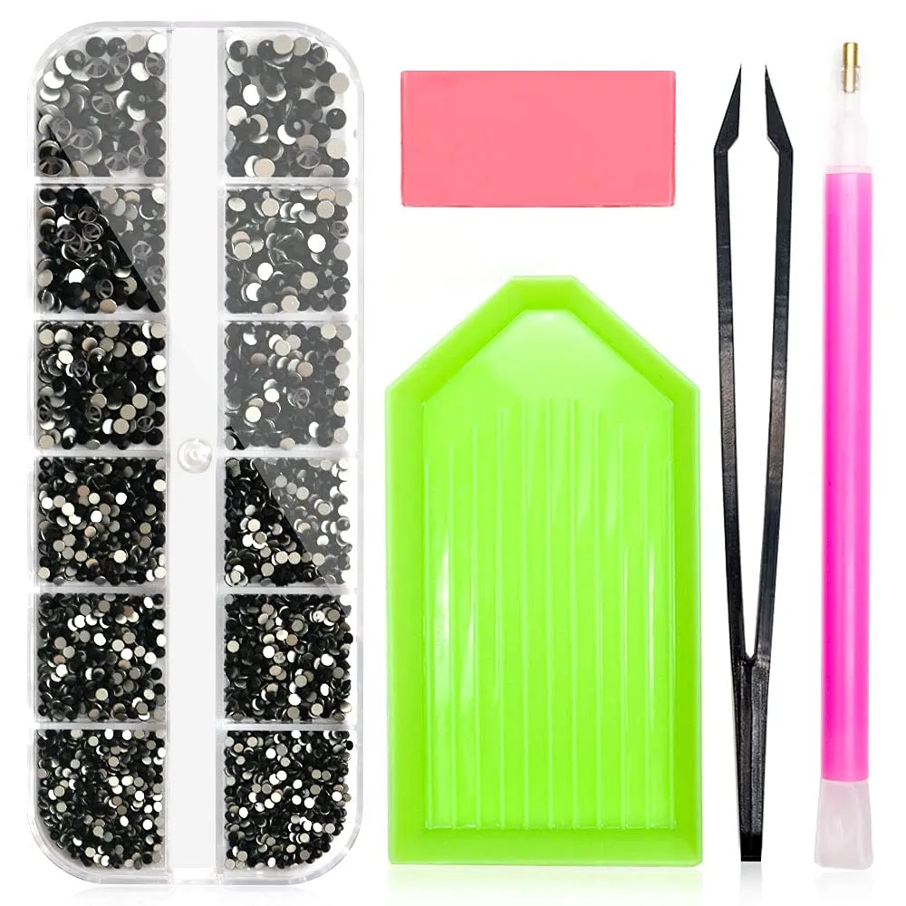 2320 Pieces Crystals Glass AB Nail Art Rhinestones, SS4/5/6/8/10/12 Mixed Nail Gems Stones, Flat Back Round Nail Diamonds with Storage Organizer Box/Picker Pencil/Tweezers for Face Clothes Shoes Decor