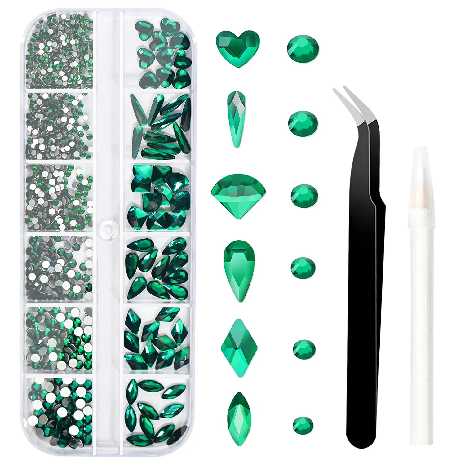 2320 Pieces Crystals Glass AB Nail Art Rhinestones, SS4/5/6/8/10/12 Mixed Nail Gems Stones, Flat Back Round Nail Diamonds with Storage Organizer Box/Picker Pencil/Tweezers for Face Clothes Shoes Decor