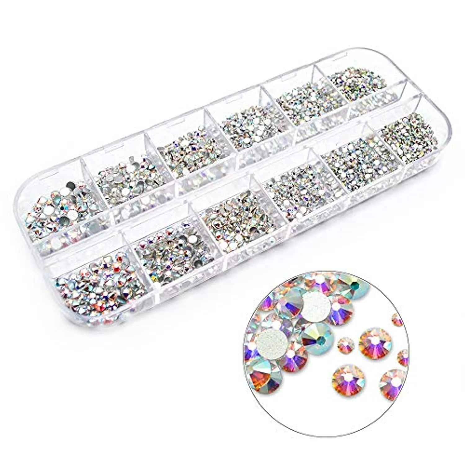 2320 Pieces Crystals Glass AB Nail Art Rhinestones, SS4/5/6/8/10/12 Mixed Nail Gems Stones, Flat Back Round Nail Diamonds with Storage Organizer Box/Picker Pencil/Tweezers for Face Clothes Shoes Decor