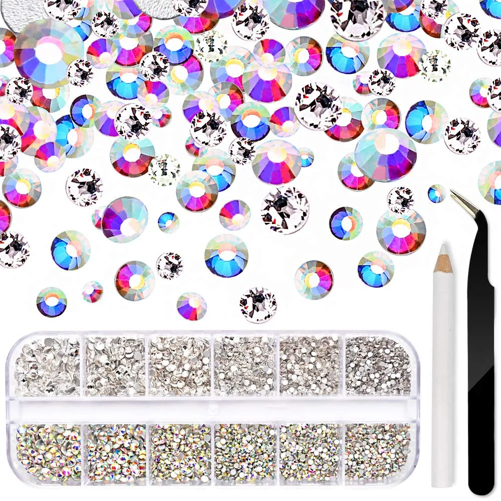 2320 Pieces Crystals Glass AB Nail Art Rhinestones, SS4/5/6/8/10/12 Mixed Nail Gems Stones, Flat Back Round Nail Diamonds with Storage Organizer Box/Picker Pencil/Tweezers for Face Clothes Shoes Decor