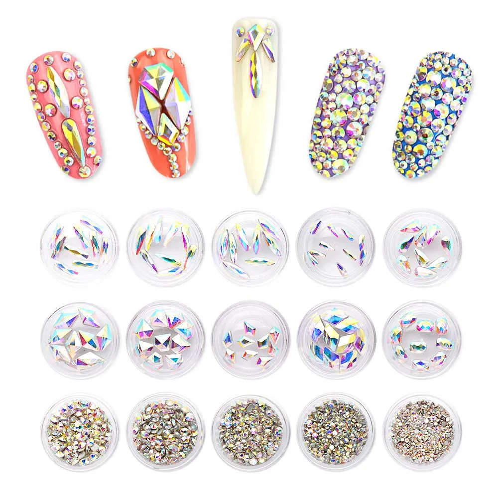 2320 Pieces Crystals Glass AB Nail Art Rhinestones, SS4/5/6/8/10/12 Mixed Nail Gems Stones, Flat Back Round Nail Diamonds with Storage Organizer Box/Picker Pencil/Tweezers for Face Clothes Shoes Decor