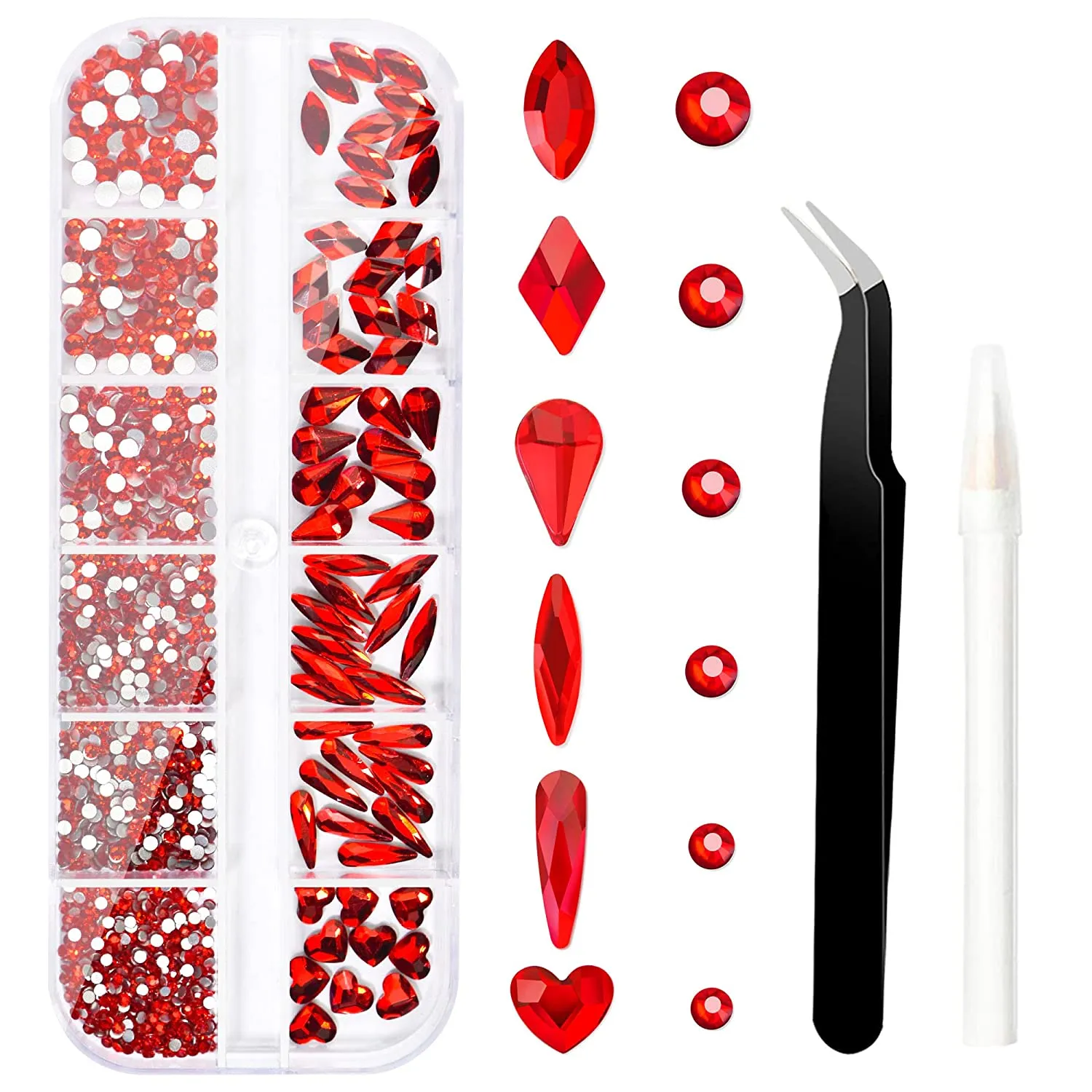 2320 Pieces Crystals Glass AB Nail Art Rhinestones, SS4/5/6/8/10/12 Mixed Nail Gems Stones, Flat Back Round Nail Diamonds with Storage Organizer Box/Picker Pencil/Tweezers for Face Clothes Shoes Decor
