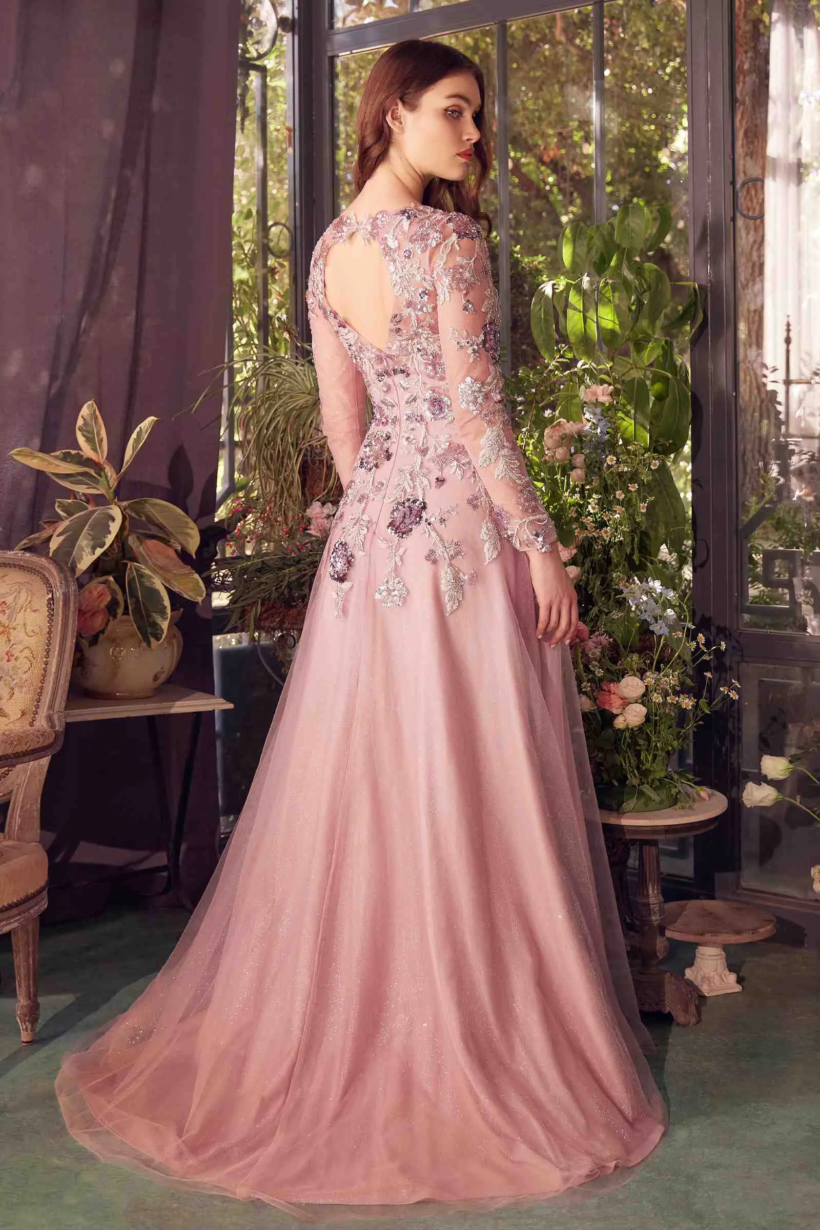 Andrea & Leo A1356 Mauve Long Sleeve Sequin Embellished A-Line Dress