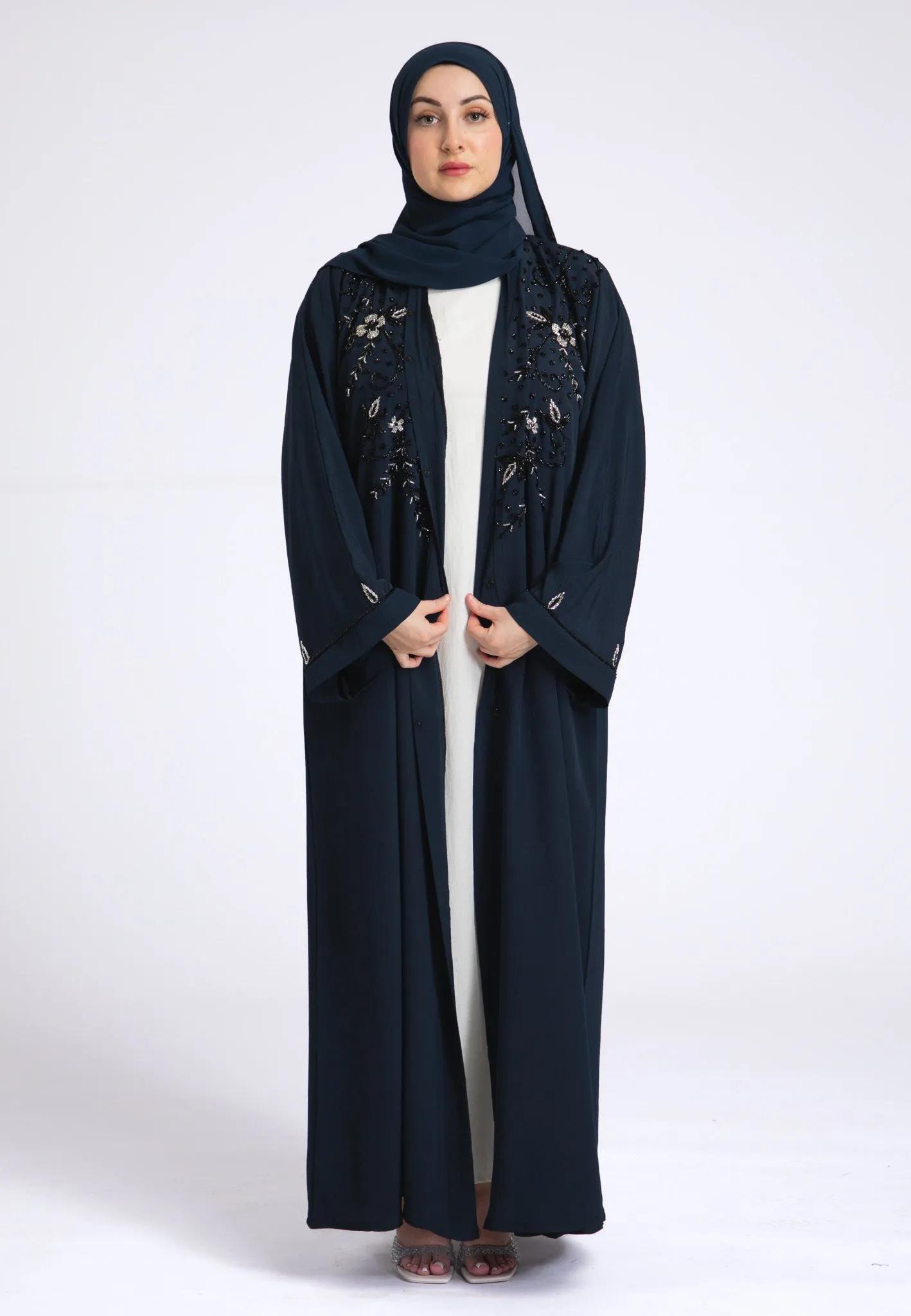 Arabian Night Navy Embellished Open Abaya (Premium)