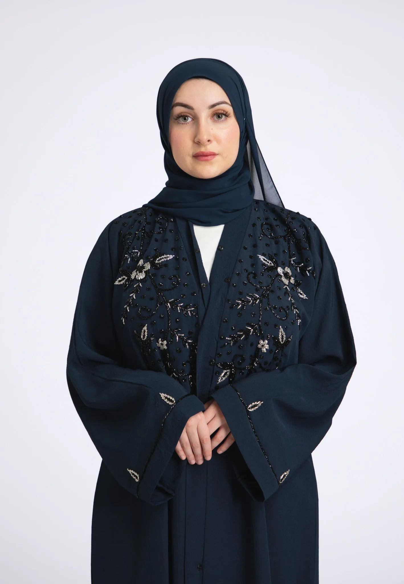 Arabian Night Navy Embellished Open Abaya (Premium)