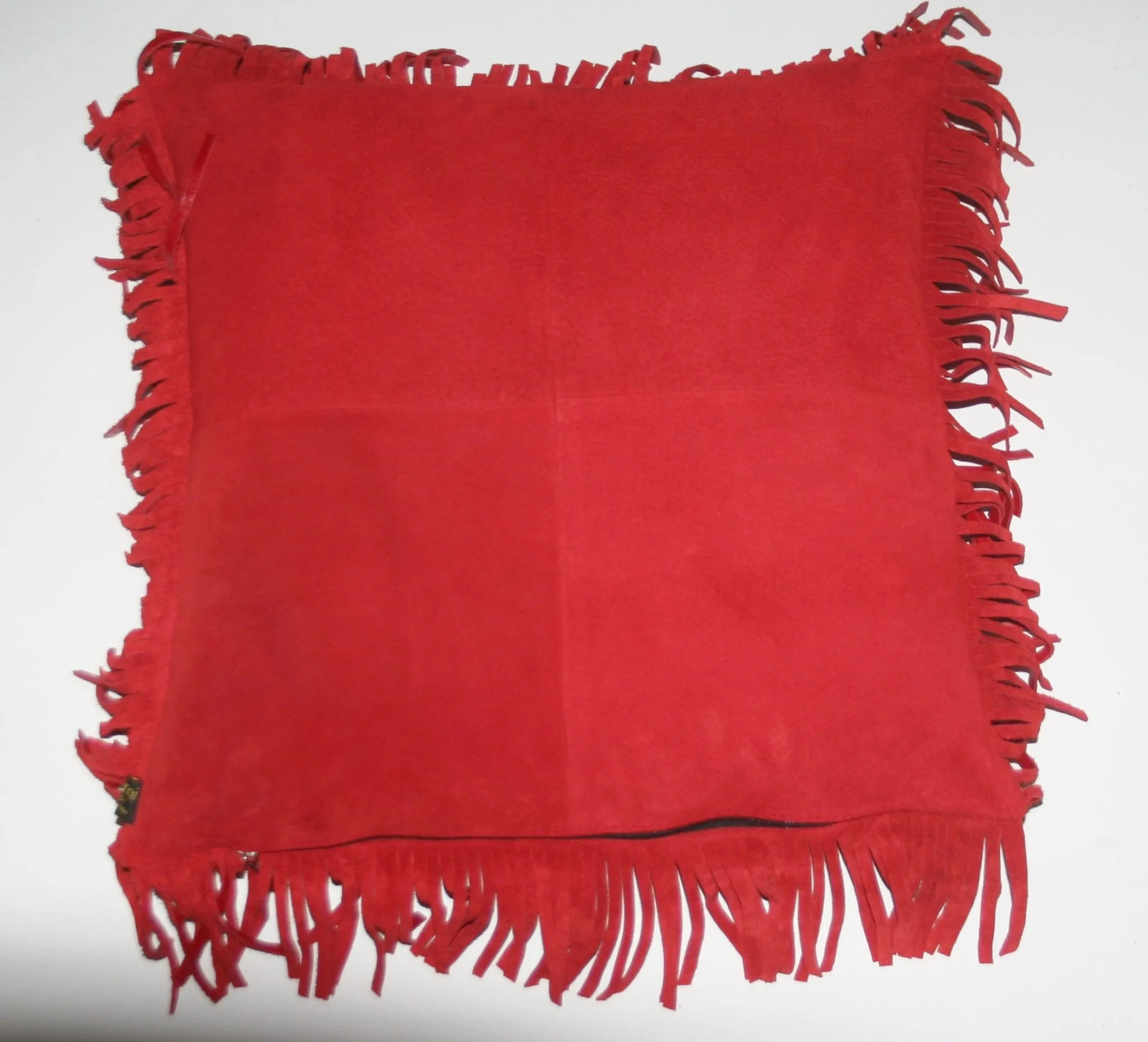 Authentic Full Grain Leather and Suede Fringed Pillow Lipstick Red