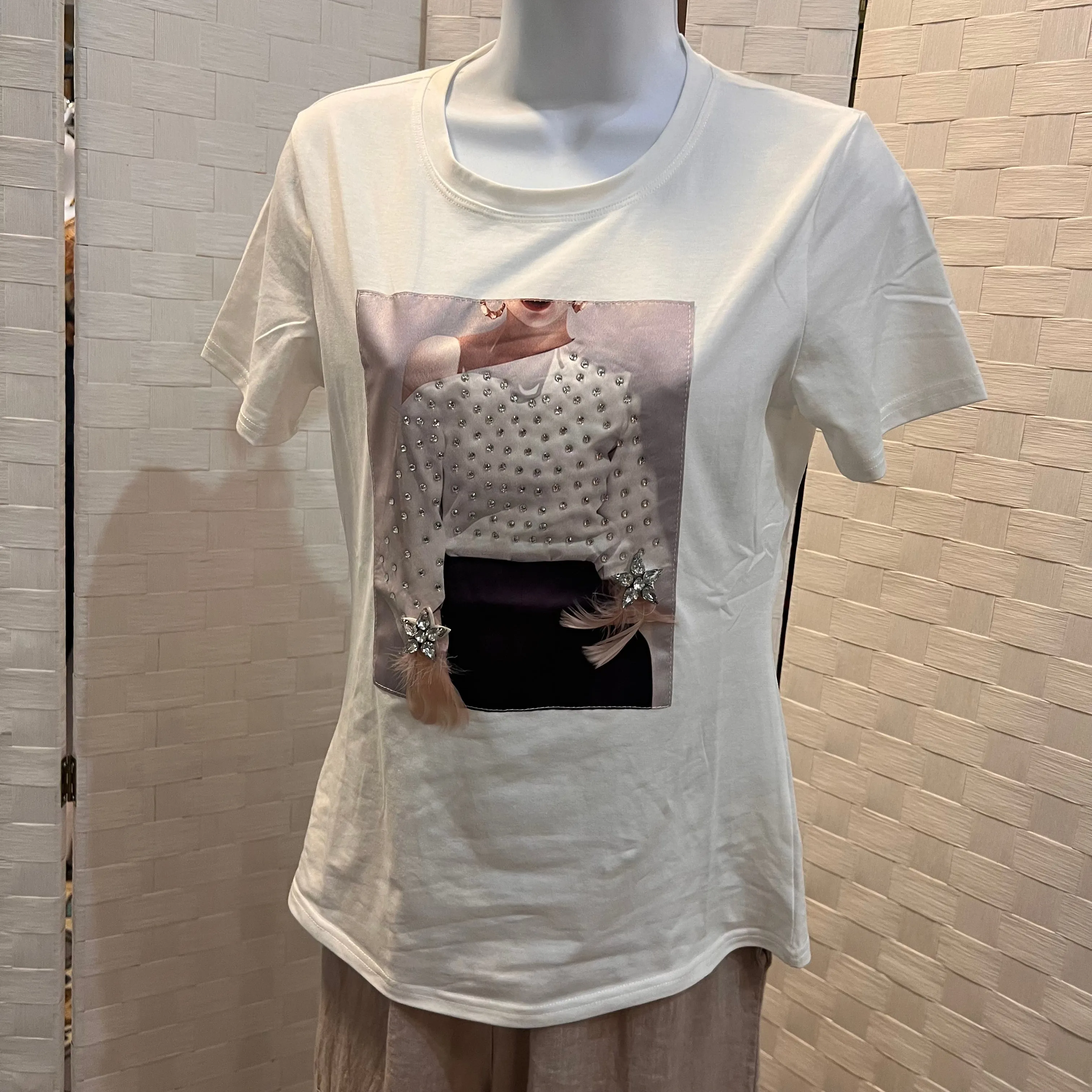 Bedazzled Tee with feathers
