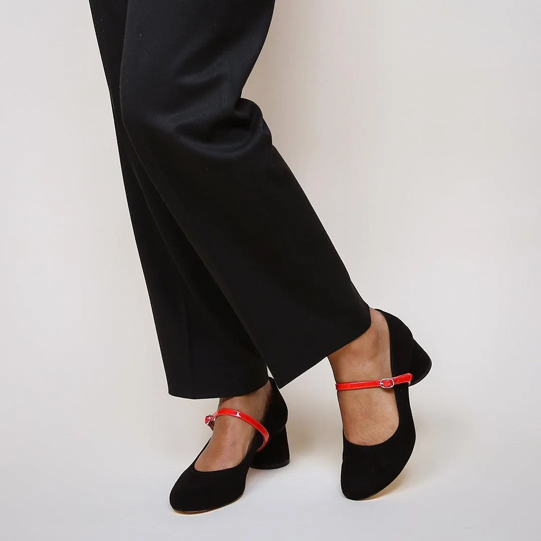 Black Suede Ballet Pump   Red Gloss Twiggy Strap