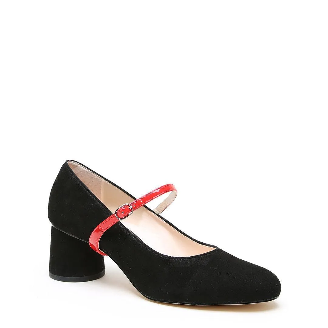 Black Suede Ballet Pump   Red Gloss Twiggy Strap