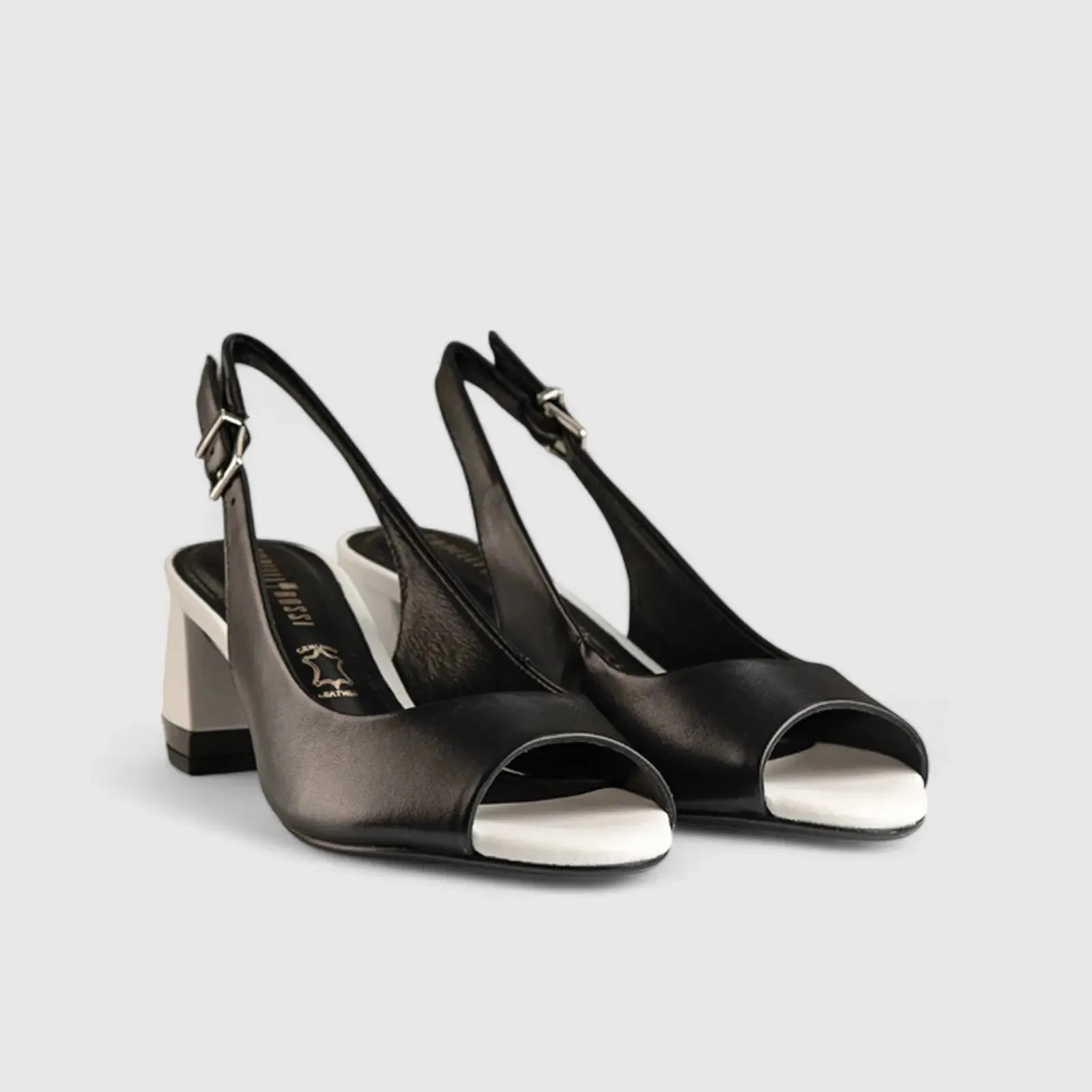 Block Heel Leather Sandal Black White 7059