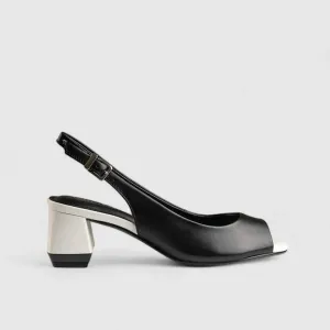 Block Heel Leather Sandal Black White 7059