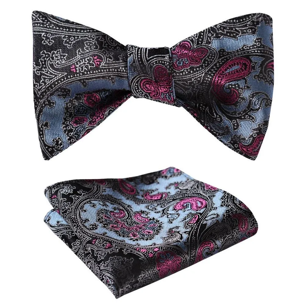 Blue & Pink Paisley Mens Silk Self tie Bow Tie with Pocket Squares Set