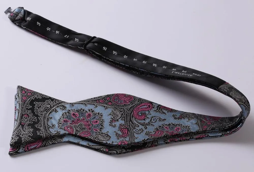 Blue & Pink Paisley Mens Silk Self tie Bow Tie with Pocket Squares Set