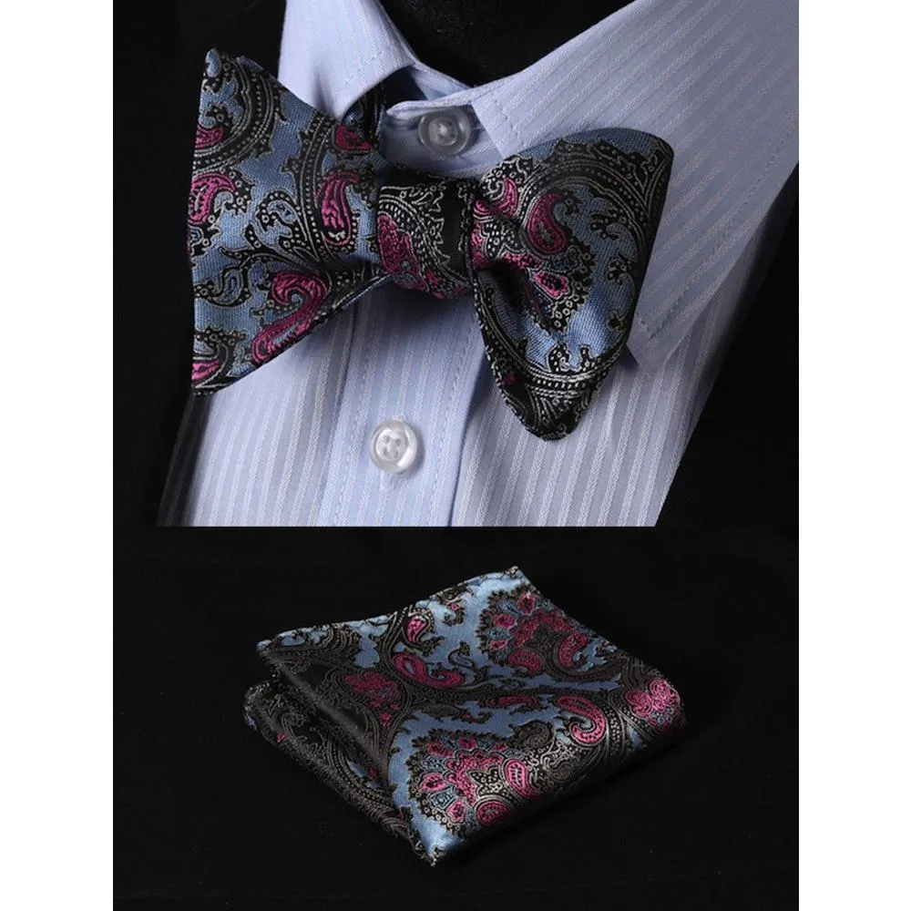 Blue & Pink Paisley Mens Silk Self tie Bow Tie with Pocket Squares Set