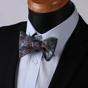 Blue & Pink Paisley Mens Silk Self tie Bow Tie with Pocket Squares Set