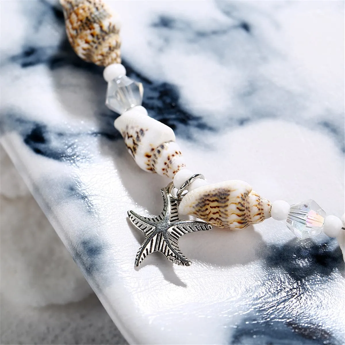 Blue & Silver-Plated Shell & Starfish Charm Anklet