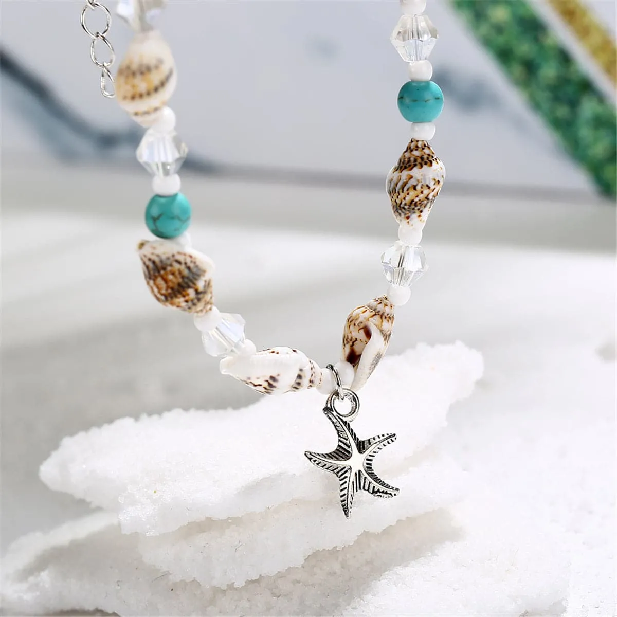 Blue & Silver-Plated Shell & Starfish Charm Anklet