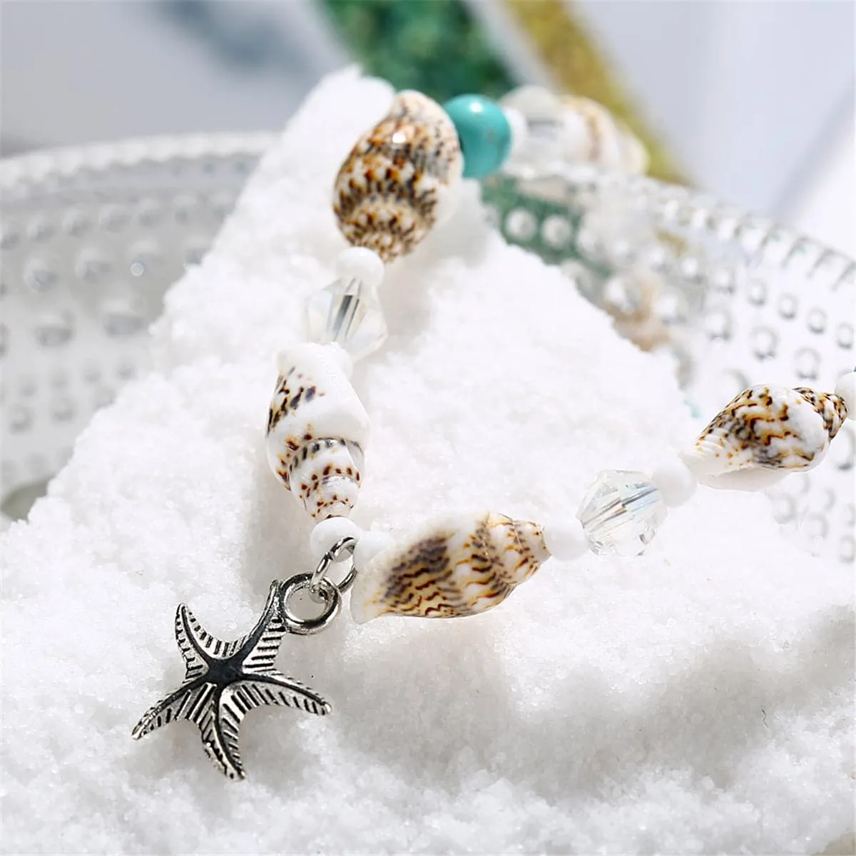 Blue & Silver-Plated Shell & Starfish Charm Anklet