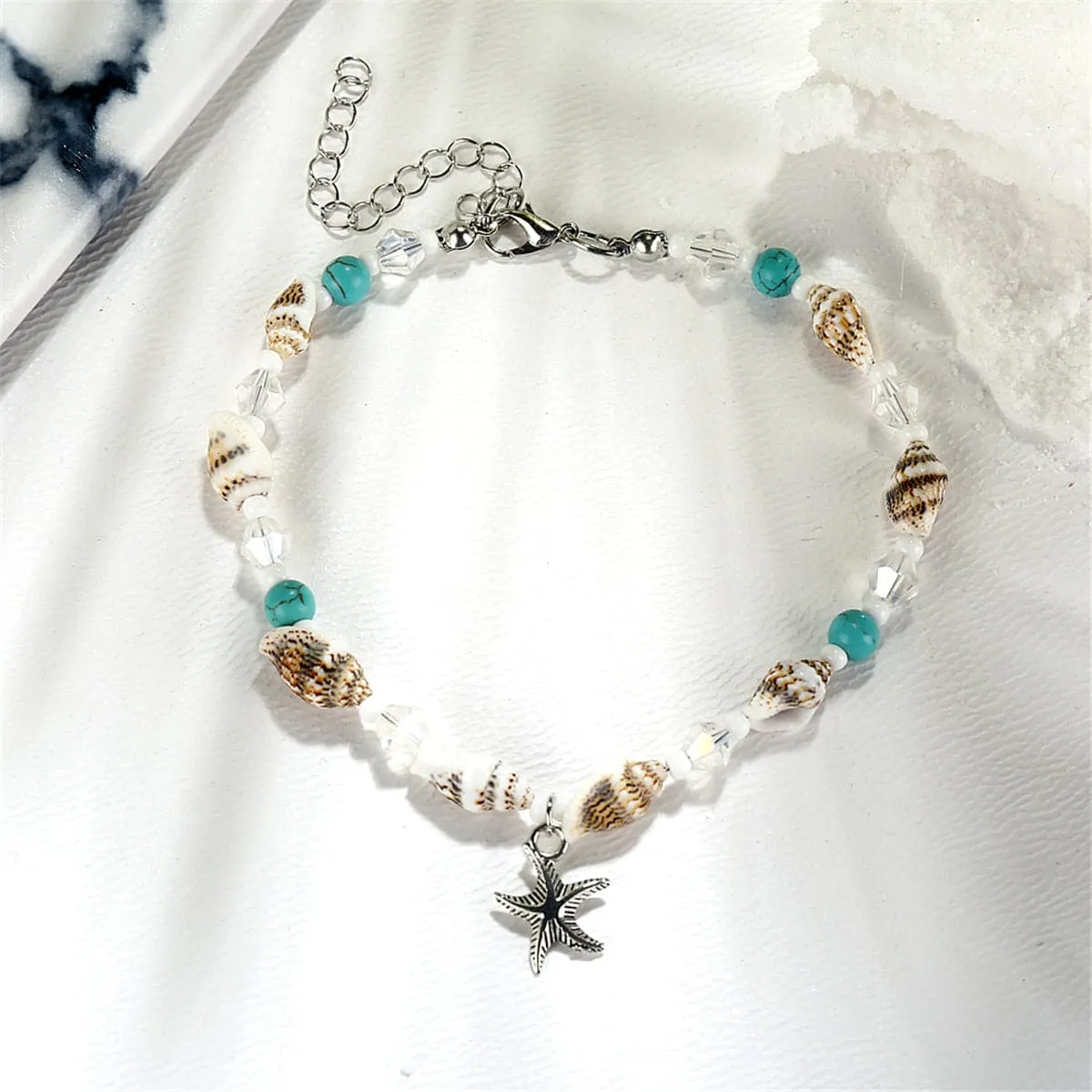Blue & Silver-Plated Shell & Starfish Charm Anklet