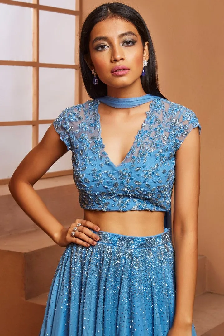 BLUE CAP SLEEVE EMBELLISHED BLOUSE & LEHENGA