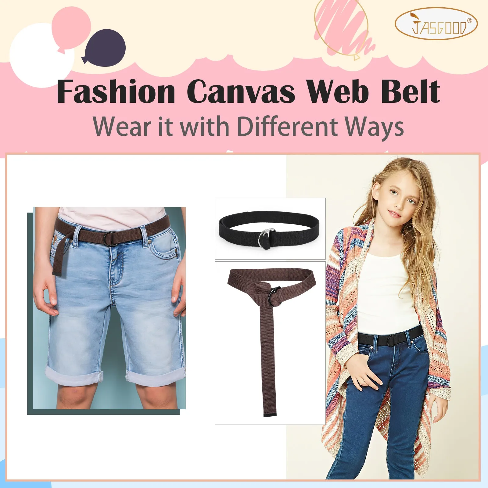 Boy's Belt JASGOOD Kids Canvas Web Belt Football Belt with Double D-ring Buckle