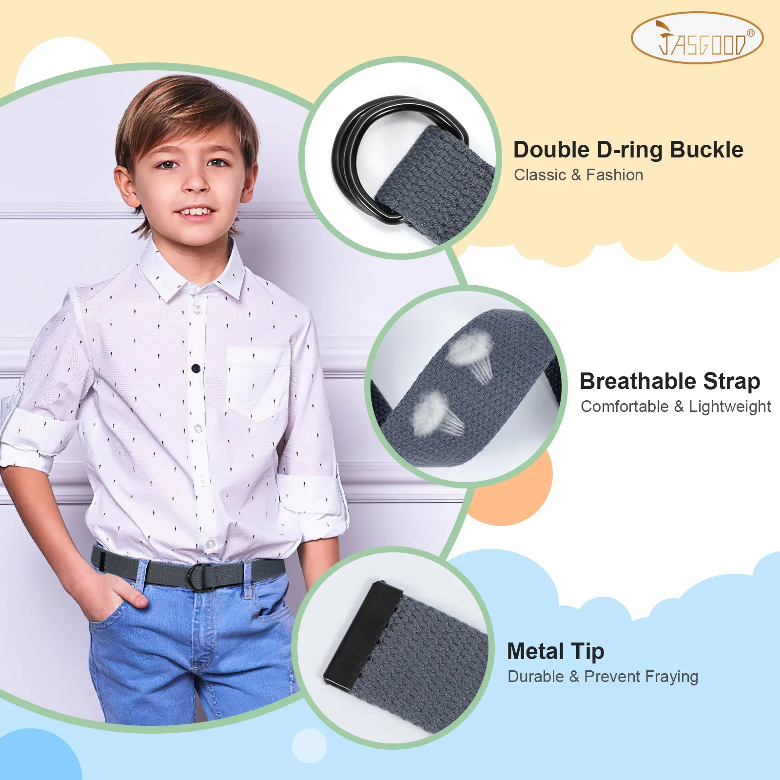 Boy's Belt JASGOOD Kids Canvas Web Belt Football Belt with Double D-ring Buckle