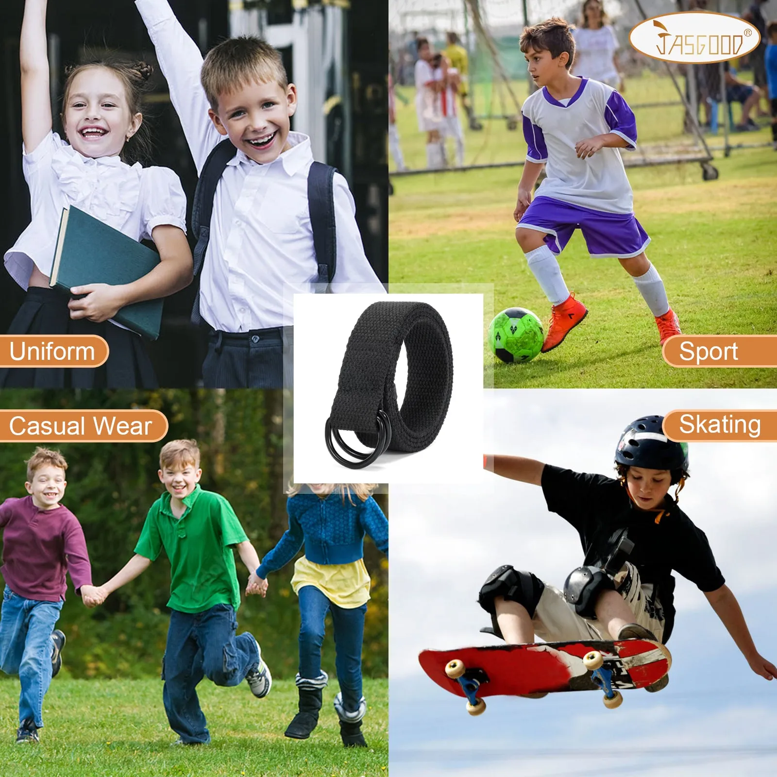 Boy's Belt JASGOOD Kids Canvas Web Belt Football Belt with Double D-ring Buckle