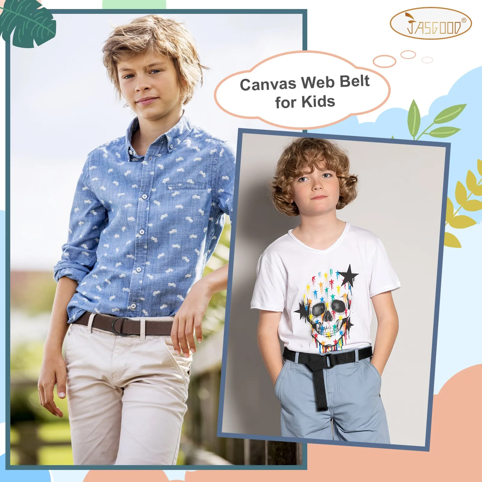 Boy's Belt JASGOOD Kids Canvas Web Belt Football Belt with Double D-ring Buckle