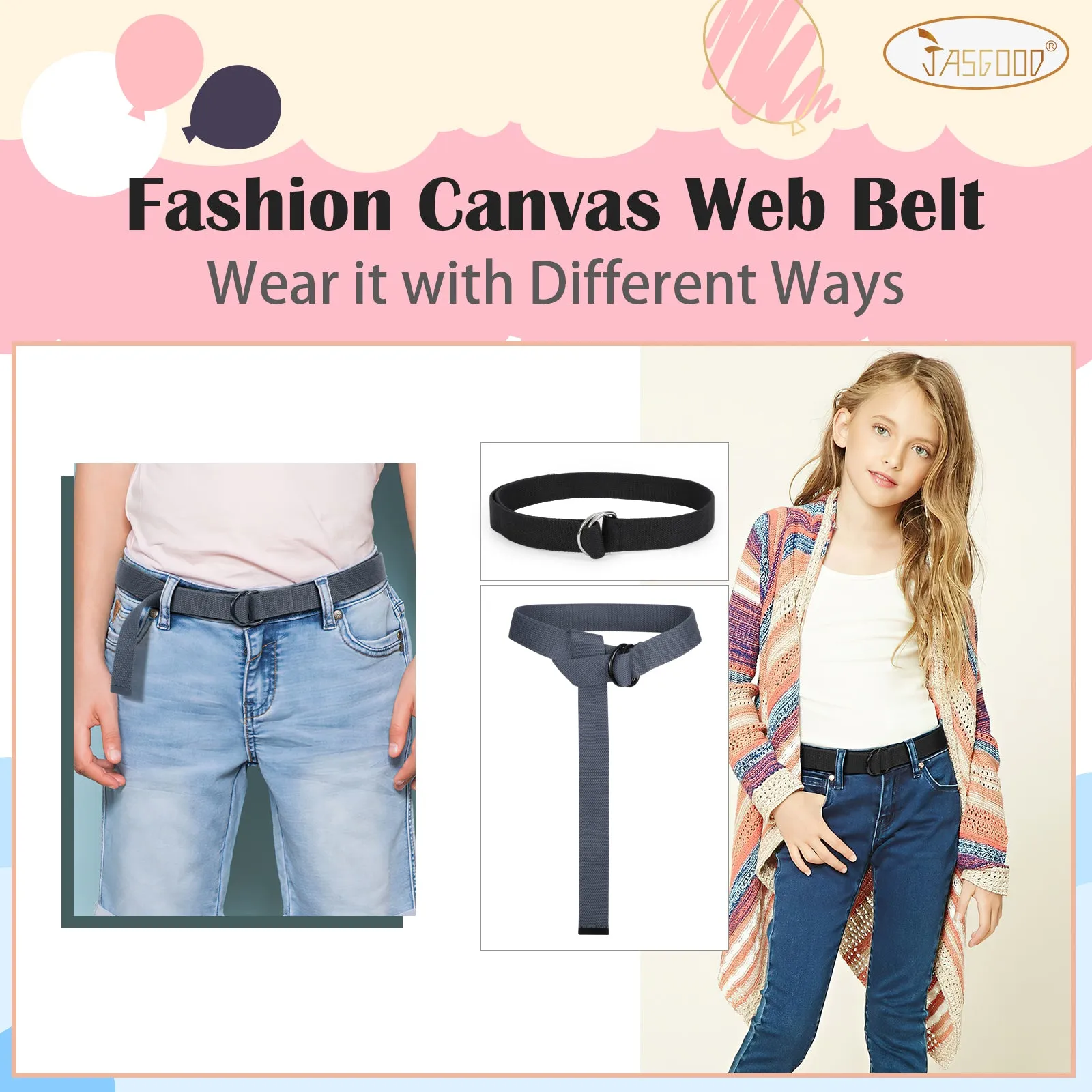 Boy's Belt JASGOOD Kids Canvas Web Belt Football Belt with Double D-ring Buckle