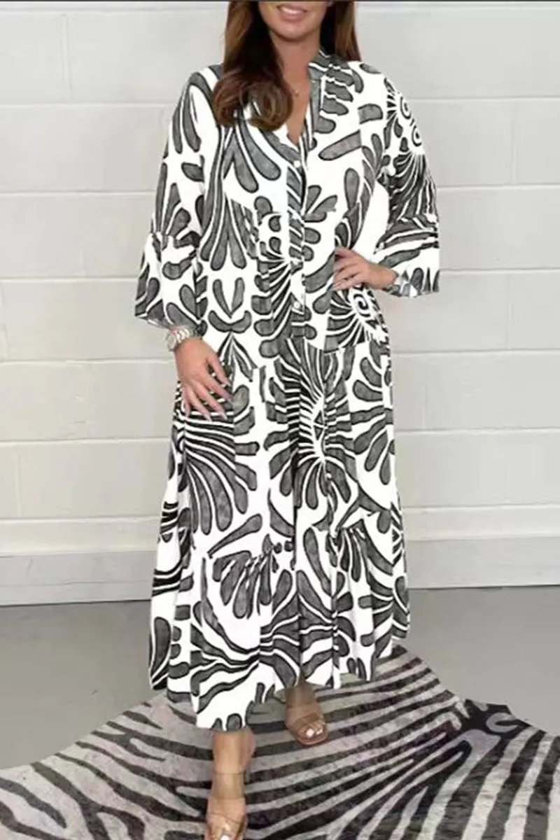 Casual Geometric Printing Mandarin Collar Printed Dress Dresses