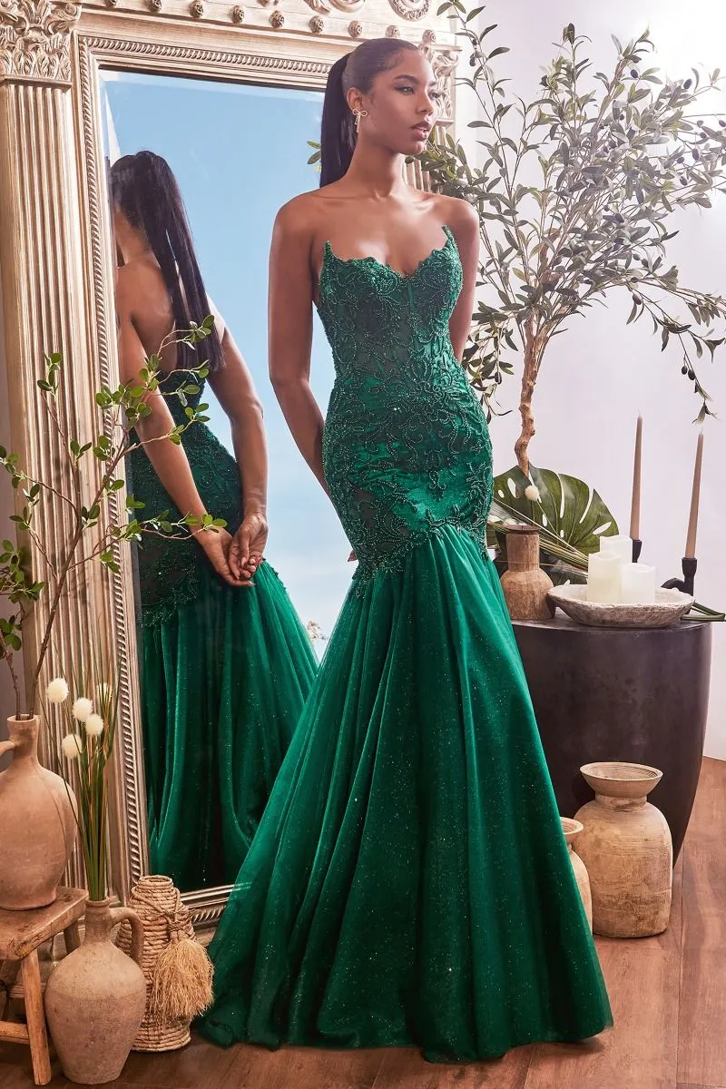 CD CDS482 - Strapless Lace Embellished Mermaid Prom Gown with Sheer Bodice & Sheer Lace Embellished Sides