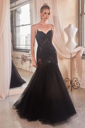 CD CDS482 - Strapless Lace Embellished Mermaid Prom Gown with Sheer Bodice & Sheer Lace Embellished Sides
