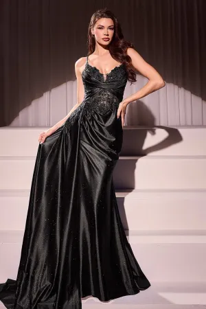 CD CDS524 - Satin Fit & Flare Prom Gown with Beaded Lace Embellished Bodice Leg Slit & Side Sash