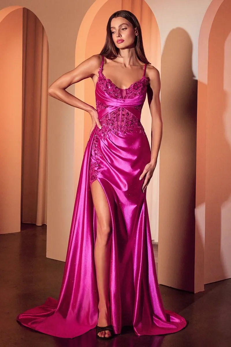 CD CDS524 - Satin Fit & Flare Prom Gown with Beaded Lace Embellished Bodice Leg Slit & Side Sash
