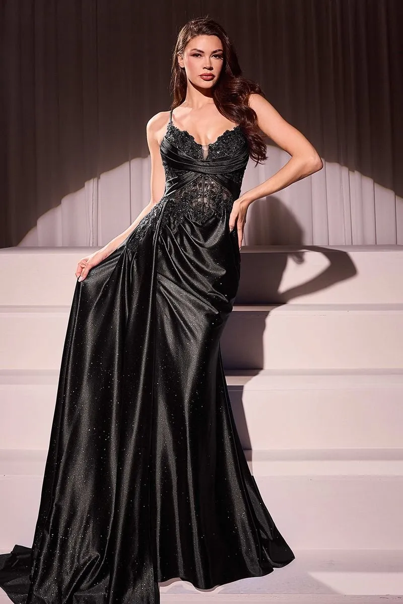CD CDS524 - Satin Fit & Flare Prom Gown with Beaded Lace Embellished Bodice Leg Slit & Side Sash