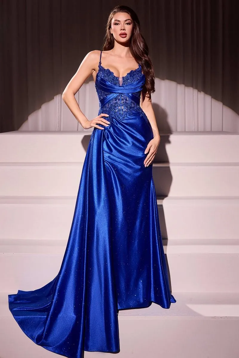 CD CDS524 - Satin Fit & Flare Prom Gown with Beaded Lace Embellished Bodice Leg Slit & Side Sash