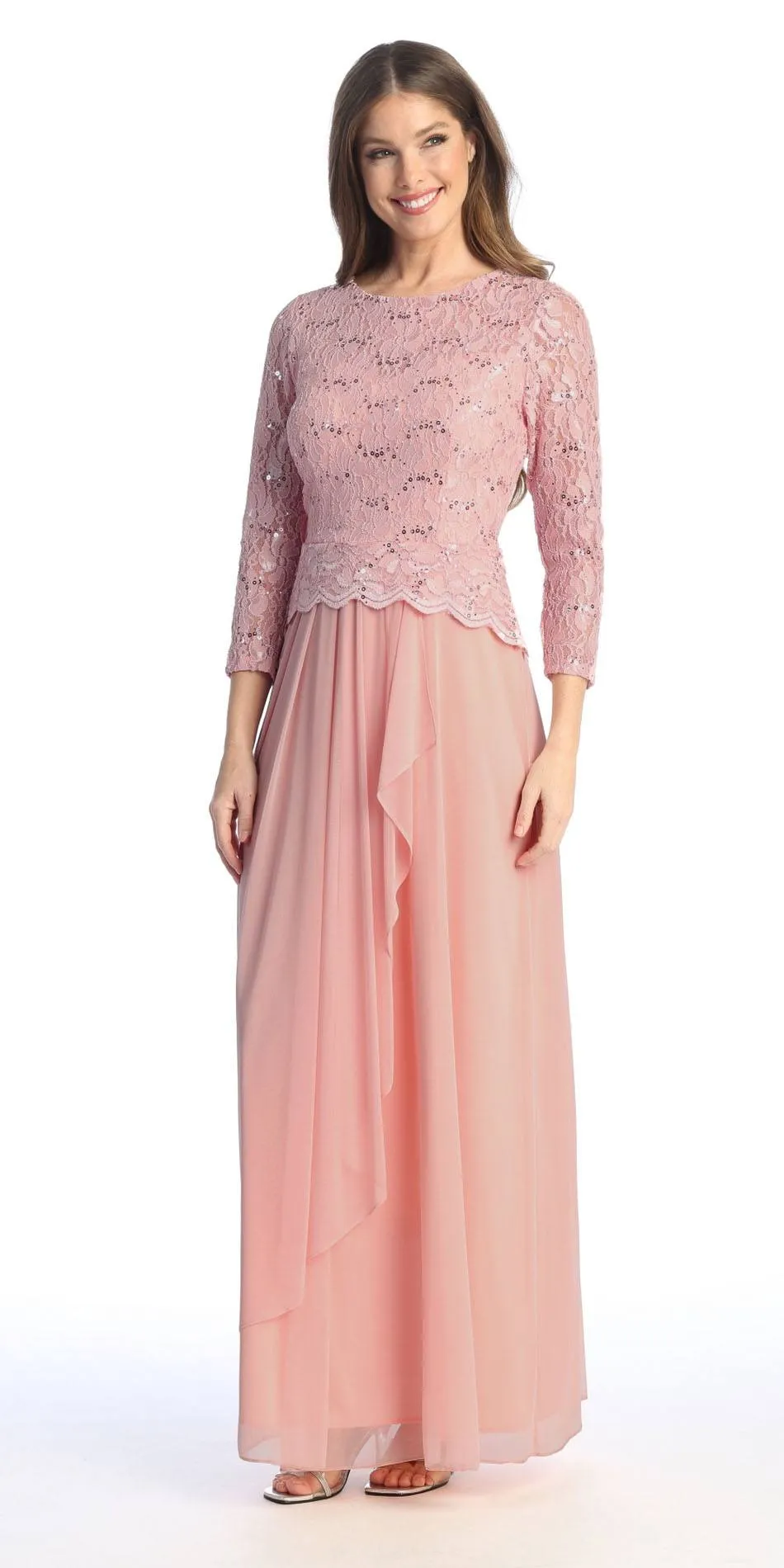 Celavie 6550-L Full Length Long Sleeve Evening Gown Lace Top High Neck