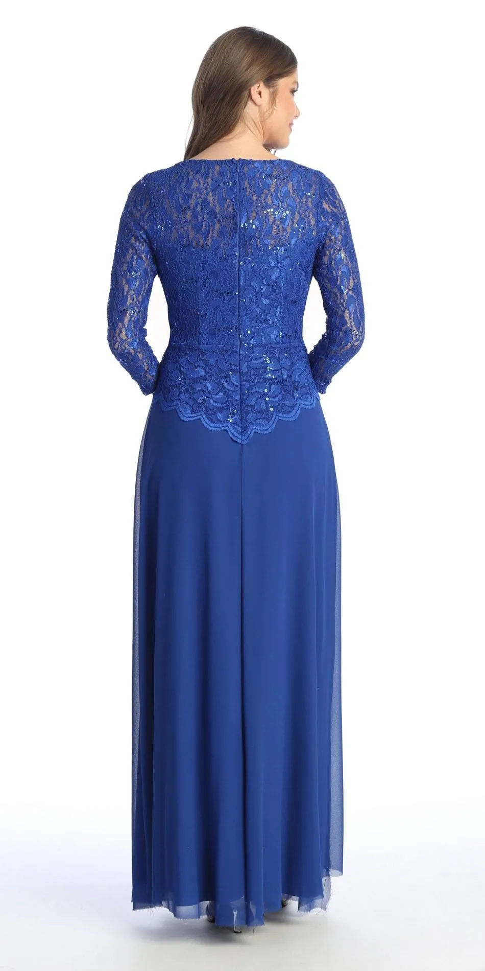 Celavie 6550-L Full Length Long Sleeve Evening Gown Lace Top High Neck