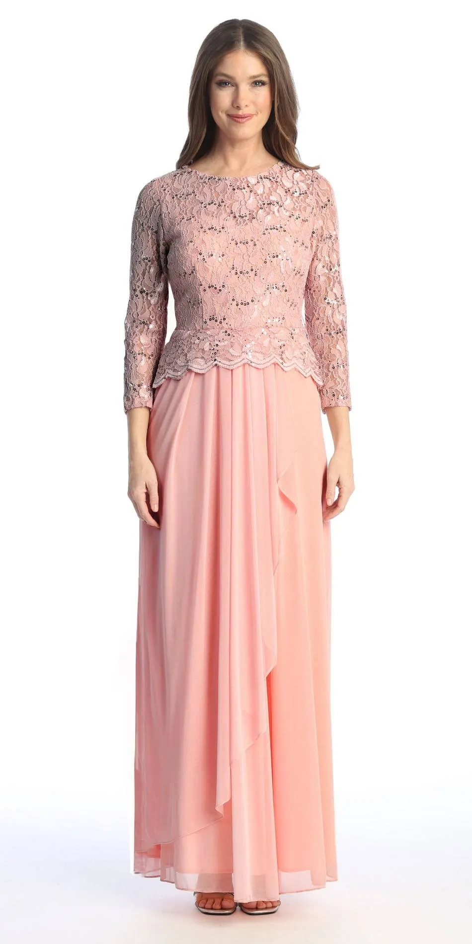 Celavie 6550-L Full Length Long Sleeve Evening Gown Lace Top High Neck