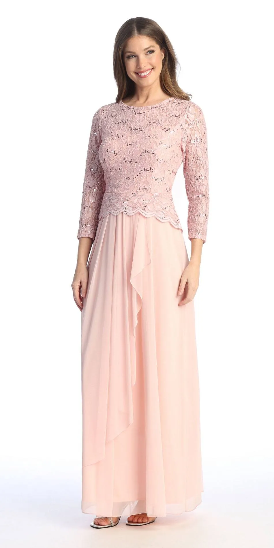 Celavie 6550-L Full Length Long Sleeve Evening Gown Lace Top High Neck