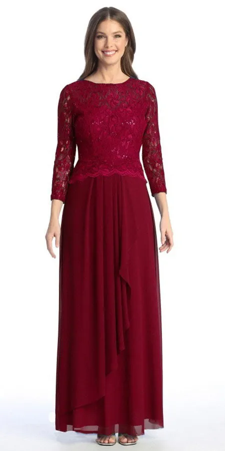 Celavie 6550-L Full Length Long Sleeve Evening Gown Lace Top High Neck