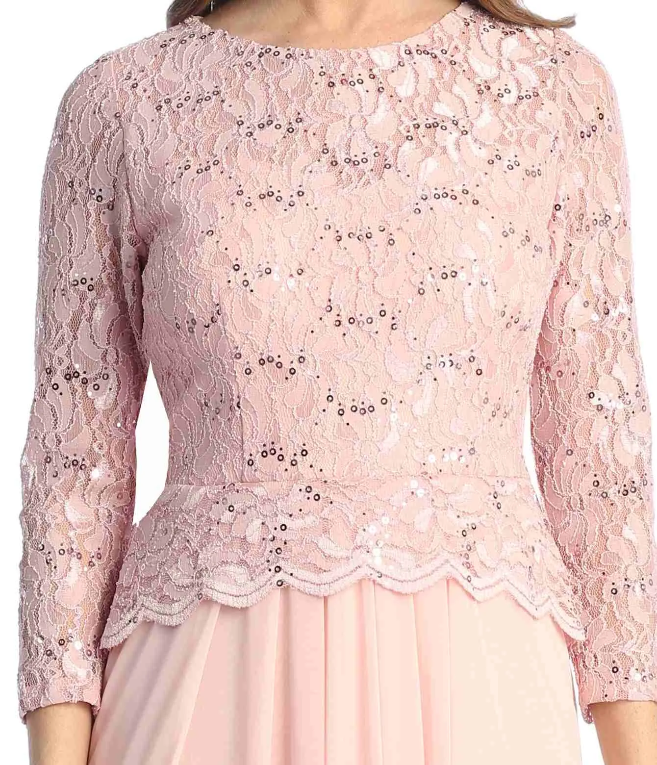 Celavie 6550-L Full Length Long Sleeve Evening Gown Lace Top High Neck