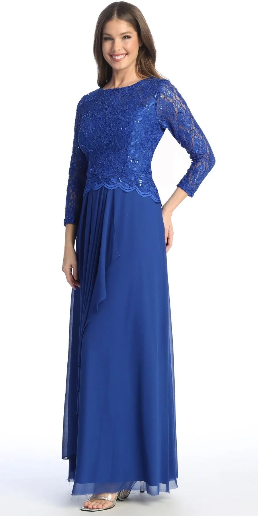 Celavie 6550-L Full Length Long Sleeve Evening Gown Lace Top High Neck