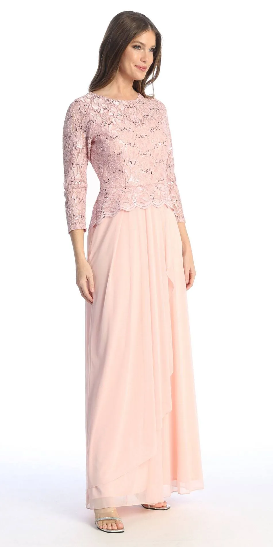 Celavie 6550-L Full Length Long Sleeve Evening Gown Lace Top High Neck