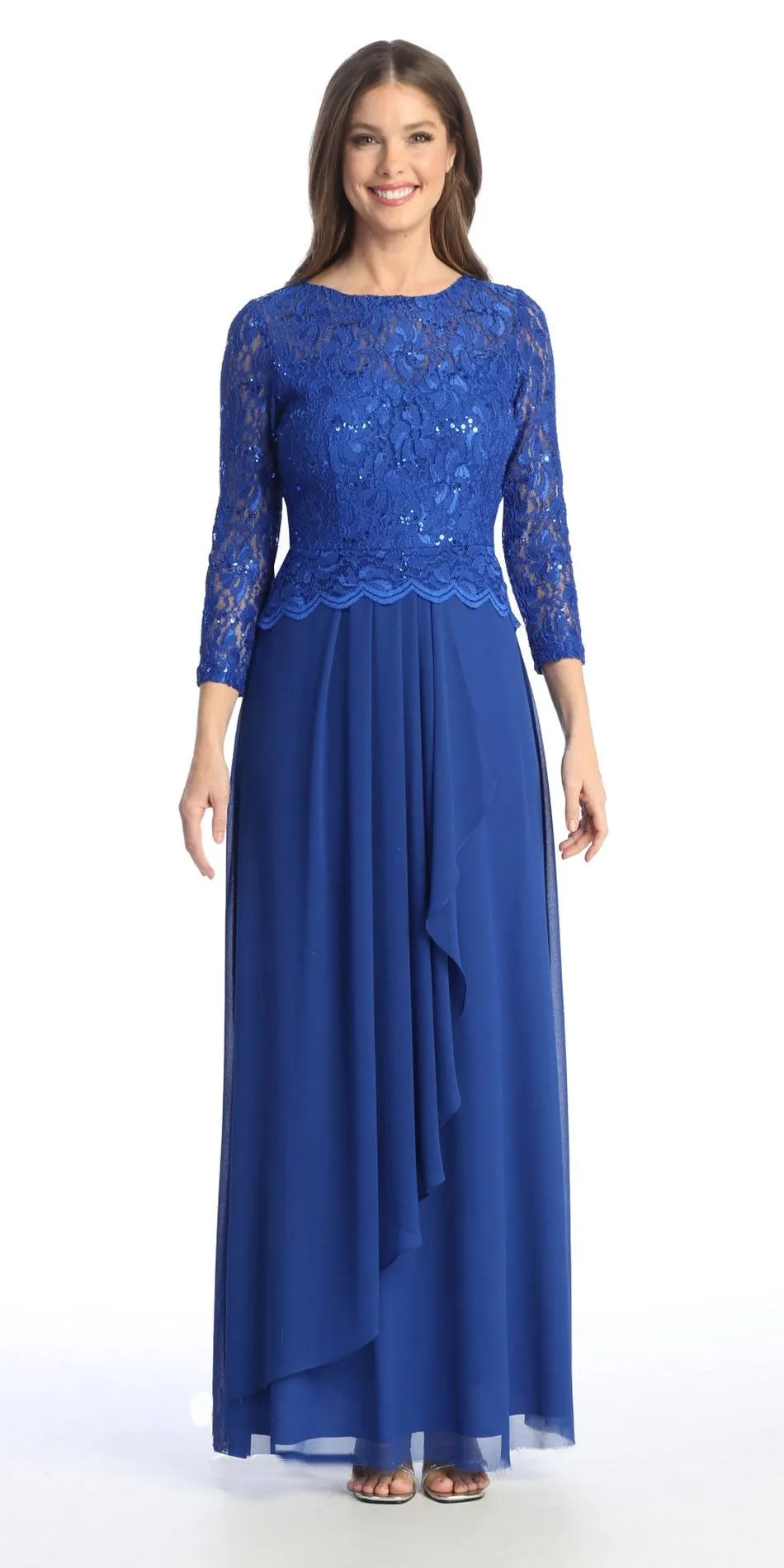Celavie 6550-L Full Length Long Sleeve Evening Gown Lace Top High Neck